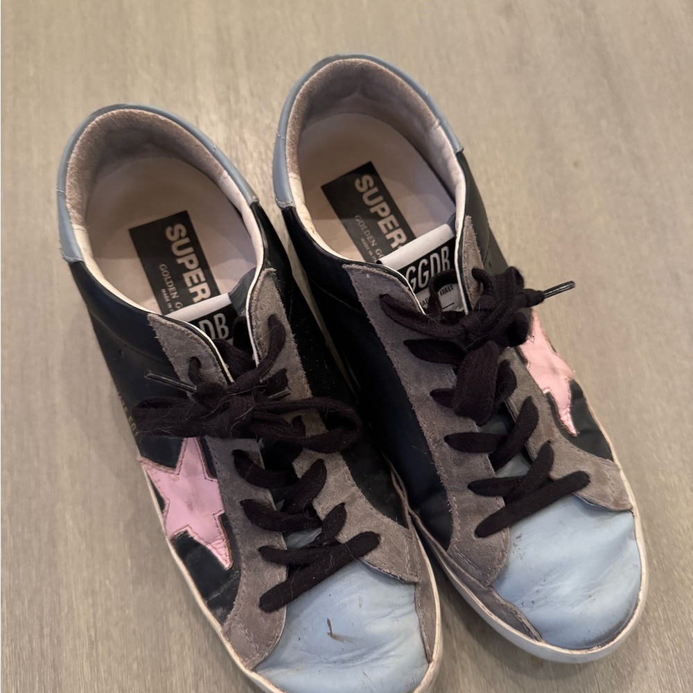 Golden Goose Black and Pink Star Sneakers Distressed Low-Top